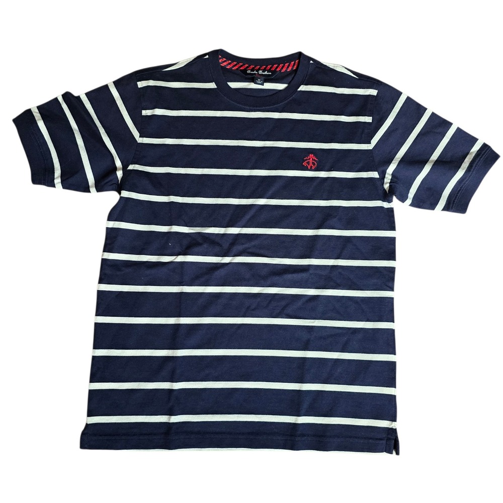 Brooks Brothers Boys Navy White Striped Cotton T-Shirt Golden Fleece Logo Size M